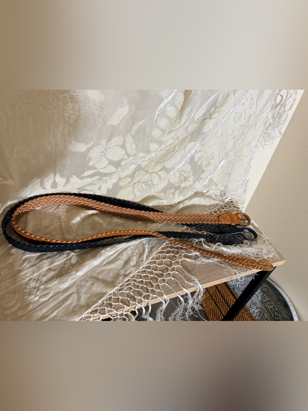 Set of 2 Braided Black and Tan Full Grain Cowhide Argentina Belts 38